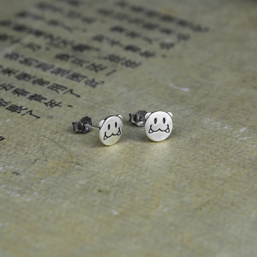MKENDN Gothic Style 100% 925 Sterling Silver Creative Retro Smile Lion Head Stud Earring Ear Pin For Men Women Fine Jewelry