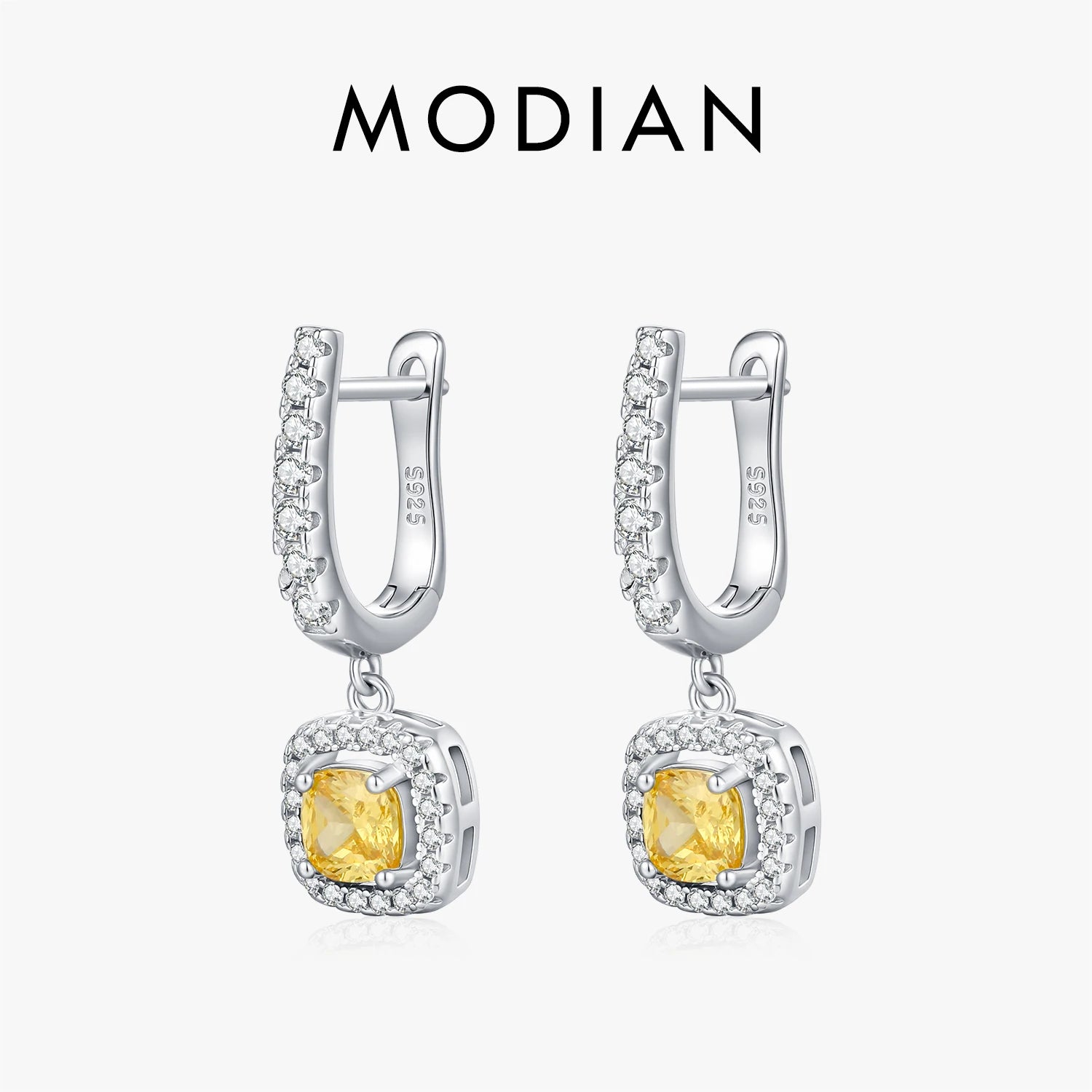 MODIAN Luxury Sugar Cube Swings Earrings 925 Sterling Silver Sparkling Yellow CZ Hoop Earrings For Women Party Fine Jewelry
