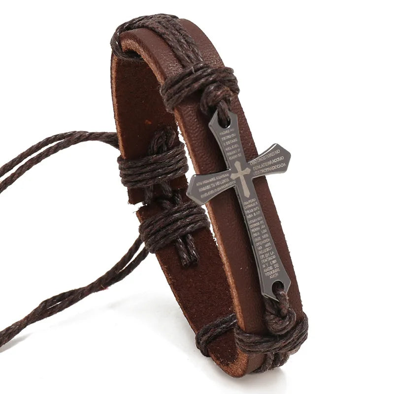 Retro Punk Metal Cross Bible Bracelet Hand Woven Cowhide Leather Adjustable Bracelet Christian Accessories Unisex Jewelry Gift