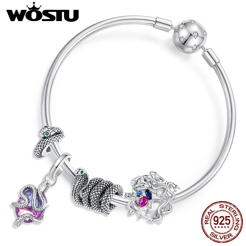 WOSTU 925 Sterling Silver Medusa Head Charm Snake Beads Rainbow Crystal Pendant  for Bracelet Making Unique DIY Gift