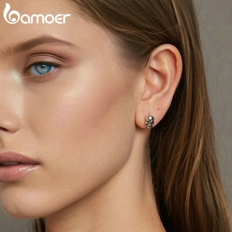 BAMOER 925 Sterling Silver Cool Skull Stud Earrings Red Heart-shaped CZ Hypoallergenic Earrings for Women Fine Jewelry SCE1771