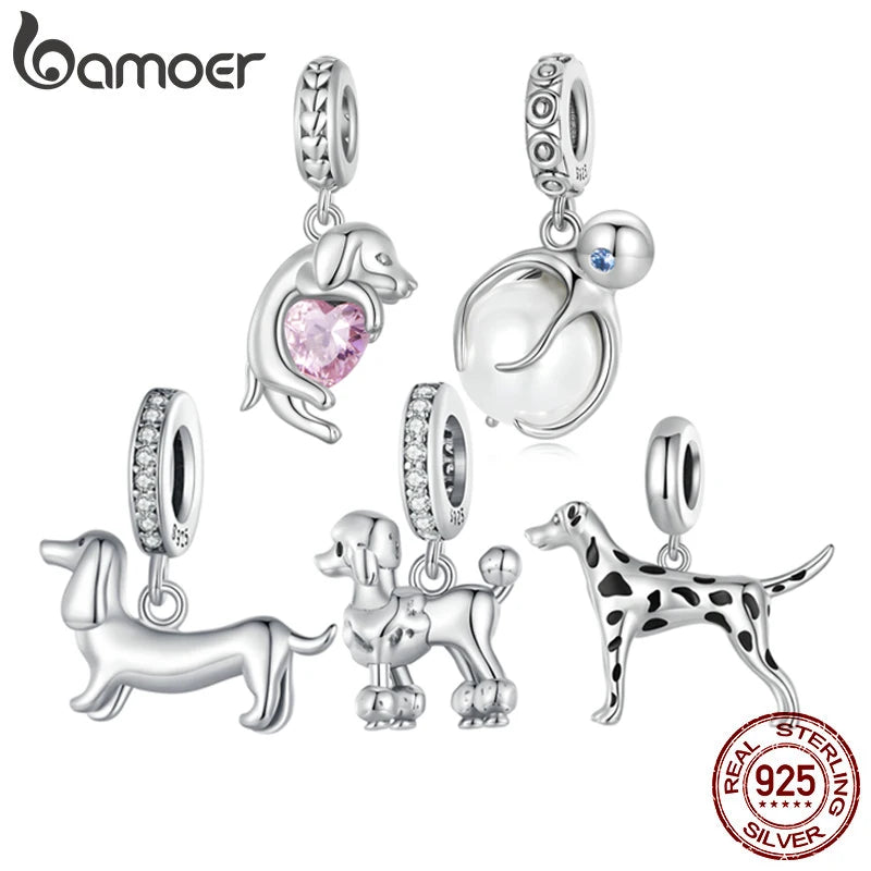 BAMOER Pet Dog Charm Beads for Charm Bracelet, Genuine 925 Sterling Silver Poodle Dachshund Pendant DIY Accessories for Women