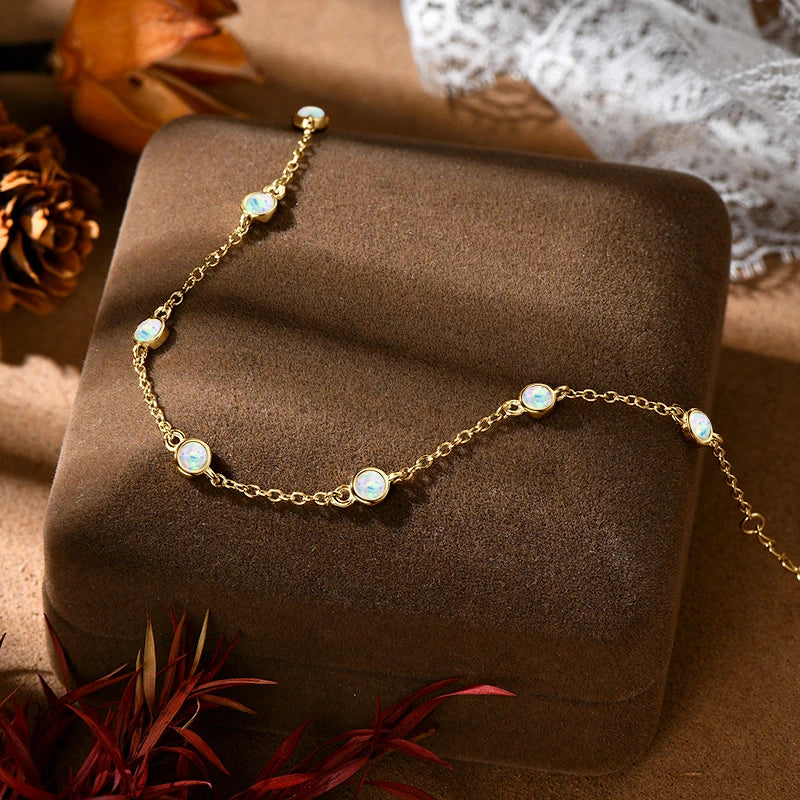 Round Fashion Bracelets White Opal Bezel Set for Women 925 Sterling Silver Adjustable Ladies Bracelet 3mm Girls Jewelry Gift