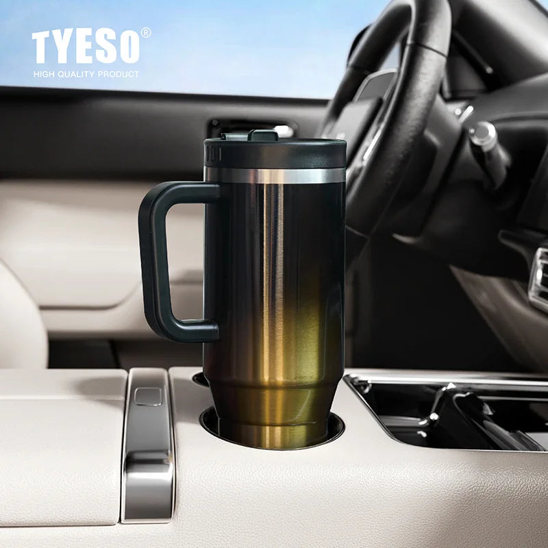 TYESO 40oz Car Coffee Thermos Cup With Handle and Straw Gradient Color Stainless Steel Vacuum Insulated Travel Mug Thermal Cup