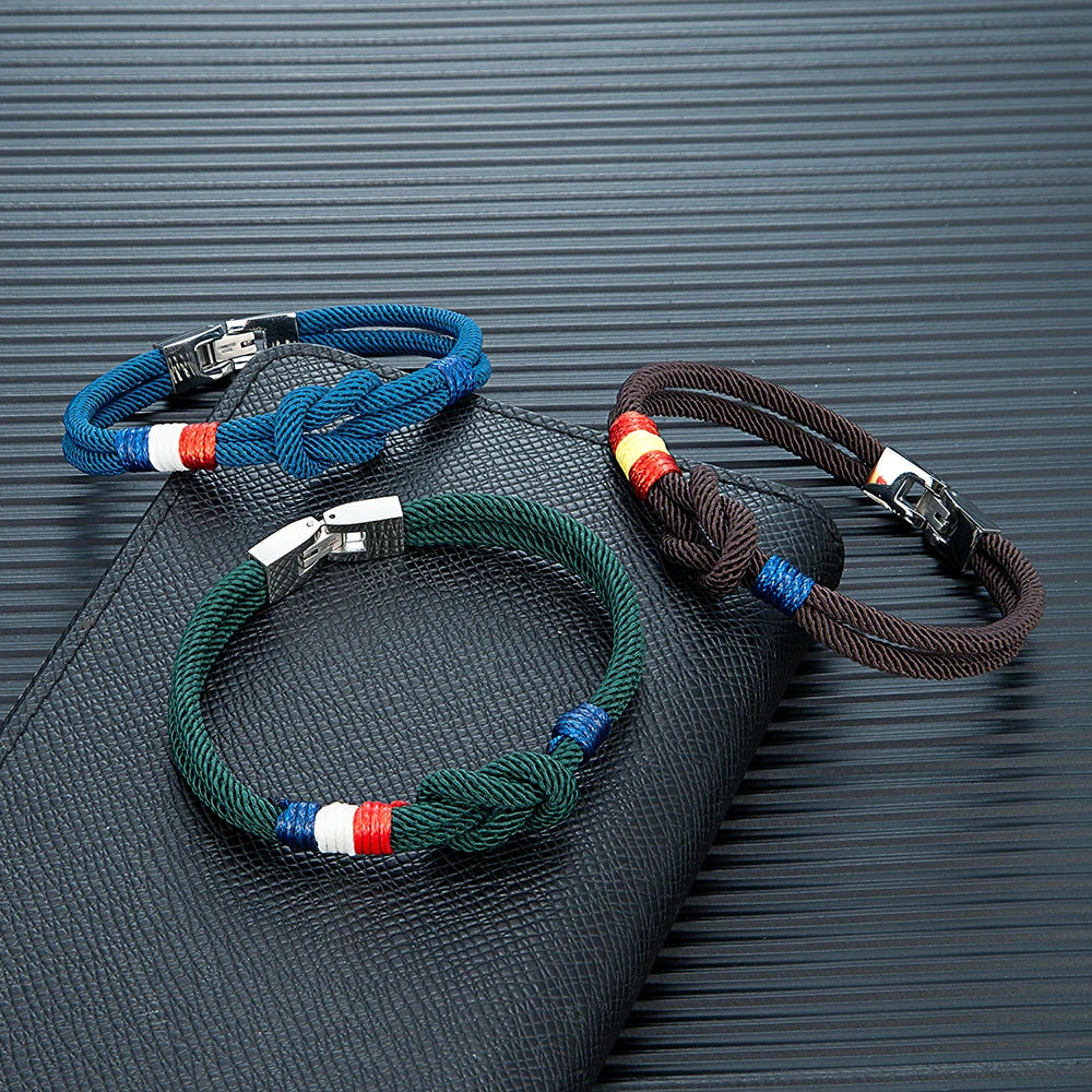 MKENDN Fashion Men Women Spain Flag Double Strand Nautical Rope Bracelet Stainless Steel Buckle Lucky Patriotic Couple Gifts