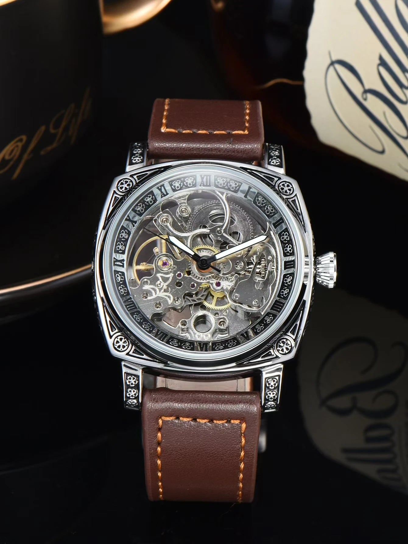 automatic watch retro style wholesale mechanical wristwatches skeleton carve waterproof leather no logo mens watch