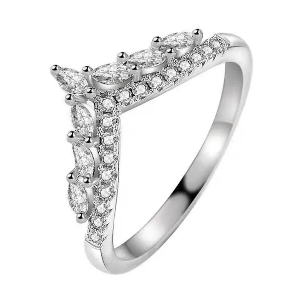 Trumium 18k White Gold Marquise Stackable Cubic Zirconia CZ V Shape Curved Engagement Rings Sparkling 925 Silver Wedding Band