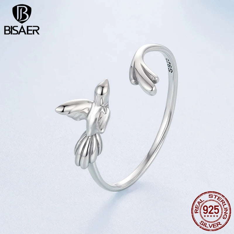 BISAER 925 Sterling Silver Bird Open Ring Animal Band Adjustable Size 5-8 for Women Party Original Design Fine Jewelry EFR714-E