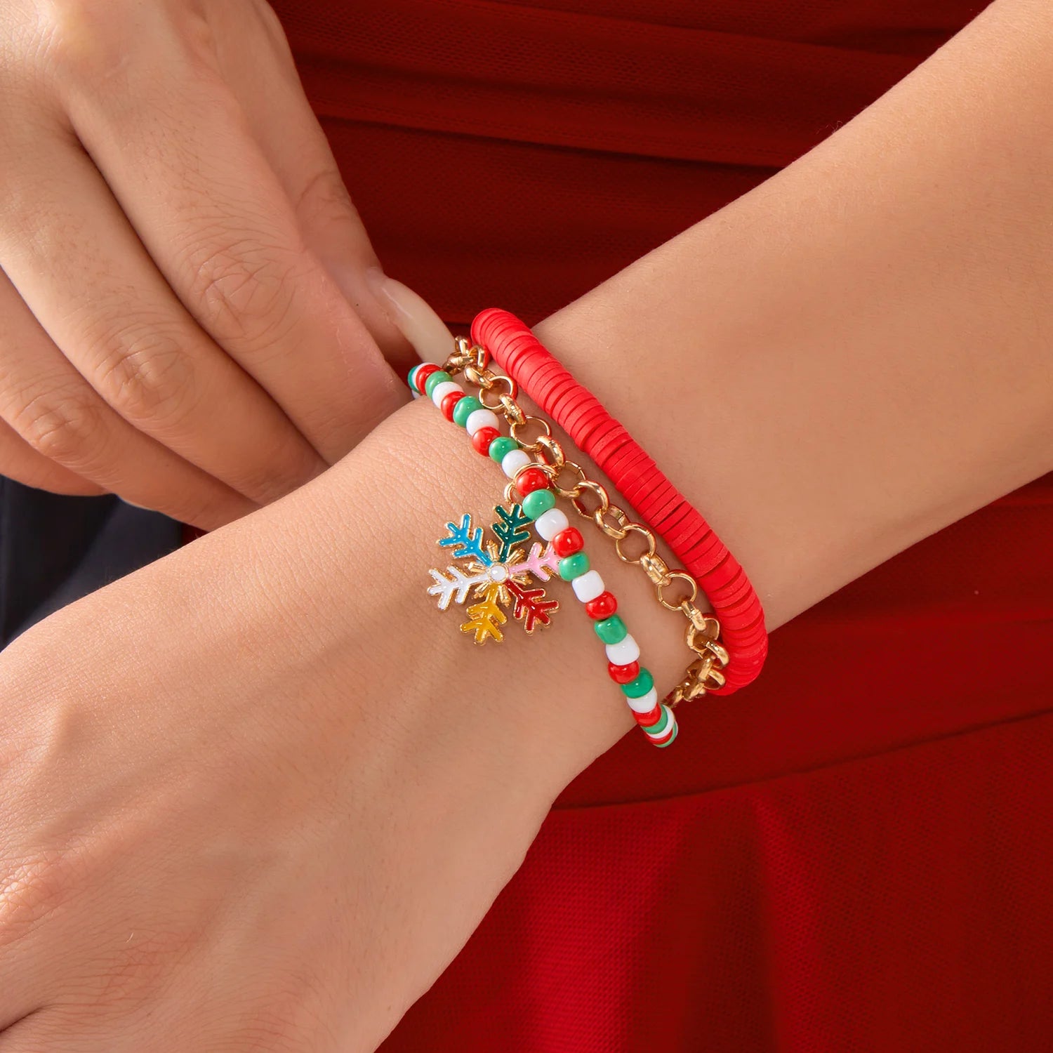 2 Pcs Christmas Colorful Beaded Bracelet Set For Women Xmas Tree Snowman Snowflake Pendant Polymer Clay Bangle Festival Jewelry