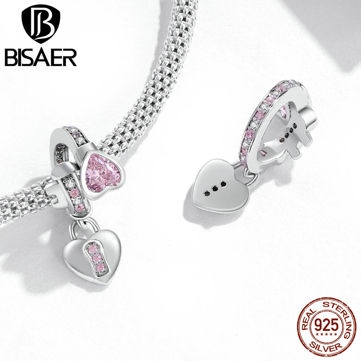 BISAER 925 Sterling Open Heart Lock Charm Perle Plaqué Platine Pendentif Fit DIY Bracelet Bijoux Saint Valentin Cadeau d'Anniversaire