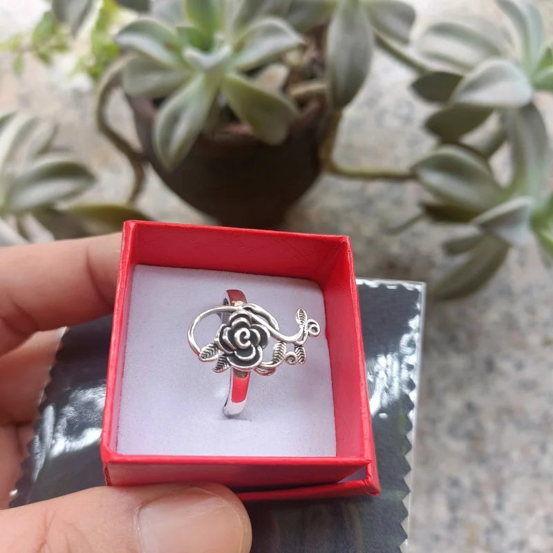 Buyee 925 Sterling Silber Großer Blumenring Finger Grau Rose Offener Ring für Frau Mode Ethno Feiner Schmuck Kreis mit Box