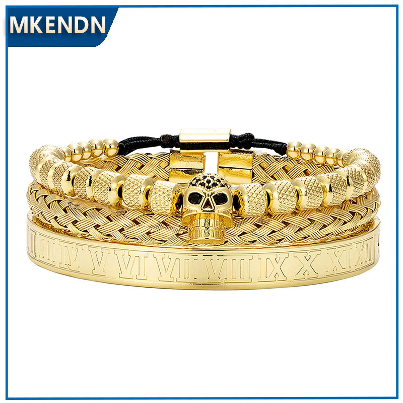 MKENDN Luxury 3pcs/Set Skull Charm Black Bracelet Stainless Steel Men Roman Number Bangles Europe Fashion Couple Jewelry