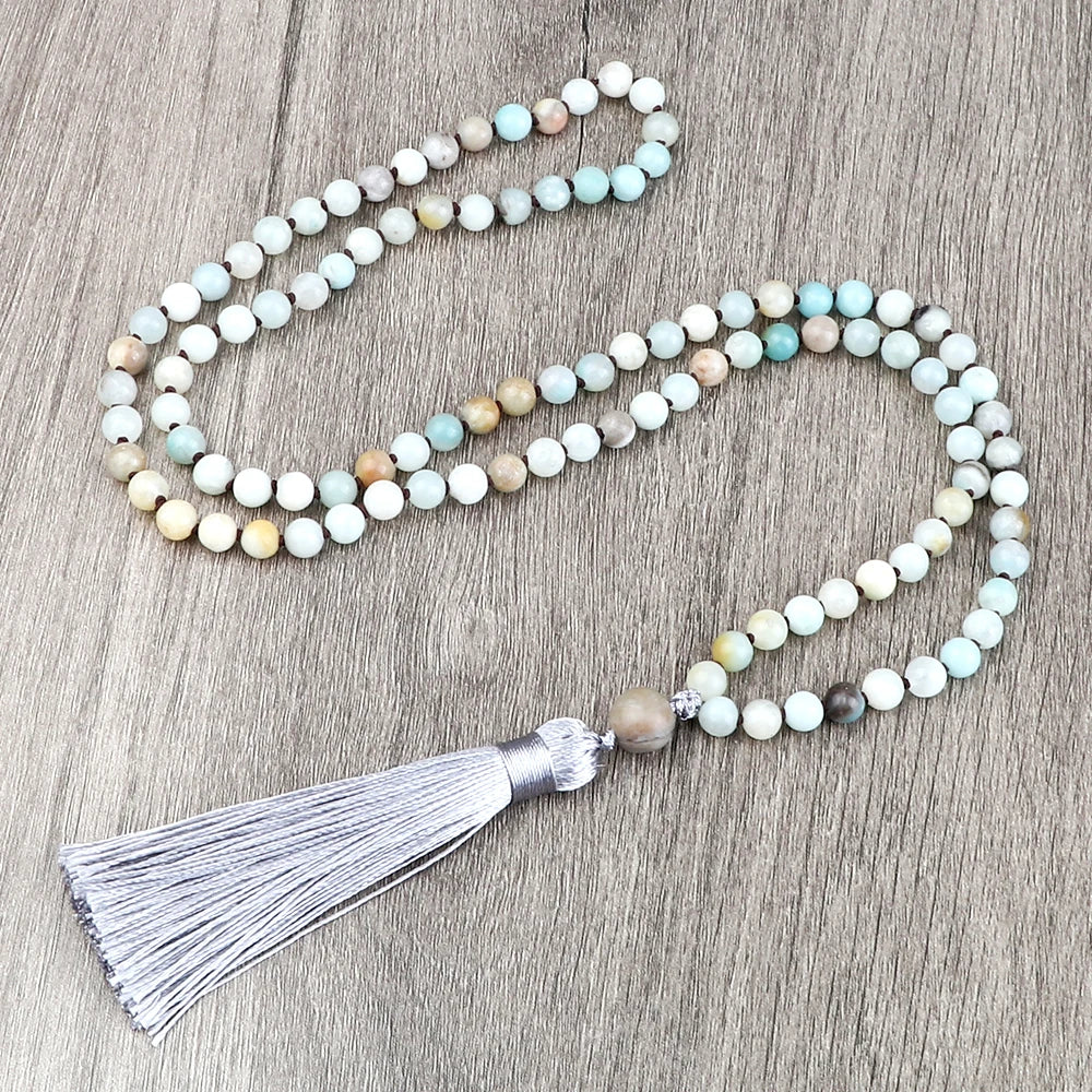 108 Mala Beaded Tassel Necklace Tiger Eyes Turquesa Meditation Yoga Jewelry Women Malachite Bohemian Ethnic Amazonite Necklace