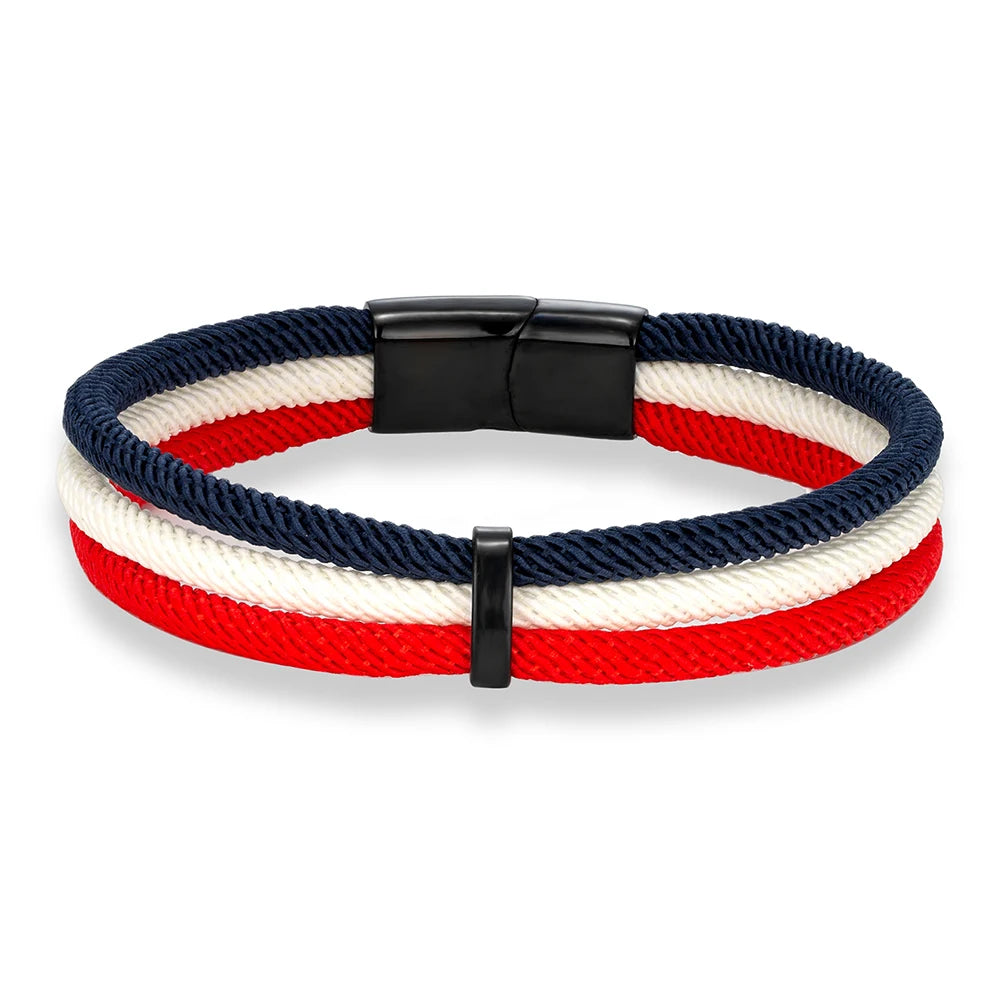 MKENDN Schwarzes Edelstahl-Armband mit Magnetverschluss, mehrlagiges Seil, handgefertigtes Design, Herren- und Damenschmuck mit Flaggen aus Frankreich, Brasilien und Spanien