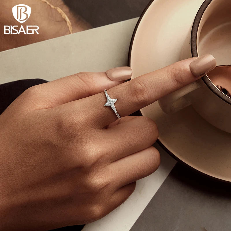 Bague étoile scintillante en argent sterling 925 BISAER sertie de zircons pavés, bande de doigt plaquée or blanc pour femme, bijoux fins de mariage