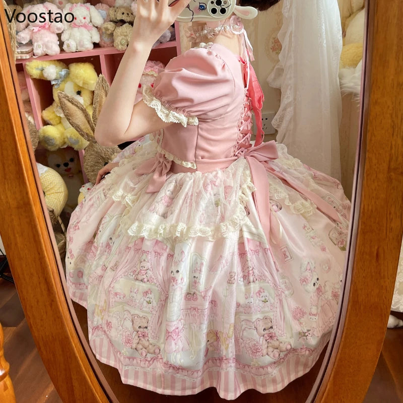 Kawaii Rabbit Bear Wardrobe Lolita Dress Women Cute Lace Mesh Ruffles Bunny Print Princess Dresses Girls Sweet Tea Party Dress