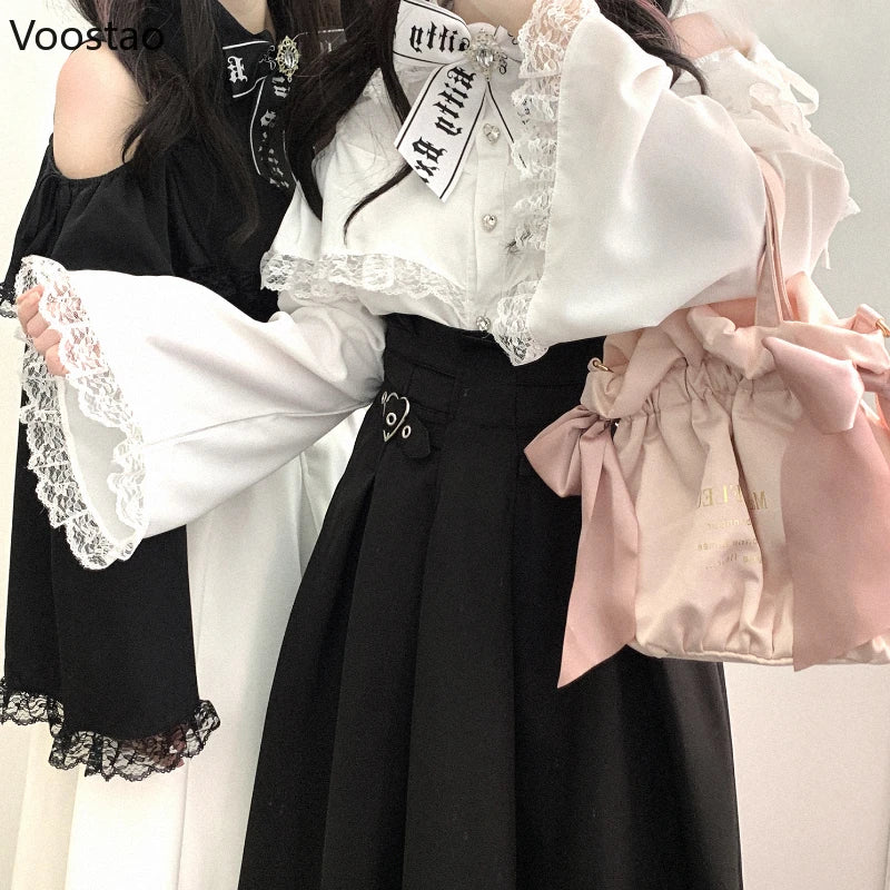 Japanese Gothic Lolita Shirts Women Vintage Kawaii Lace Ruffles Off Shoulder Long Sleeve Blouses Y2k Aesthetic Sweet Tops Blusas
