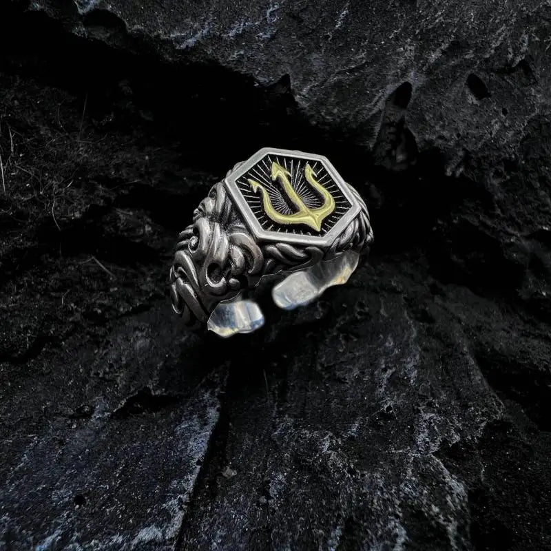 Retro Poseidon Compass Ring Silver-Plated Hexagram Opening Adjustable Ring Men and Women Hip-Hop Trend Jewelry Gift