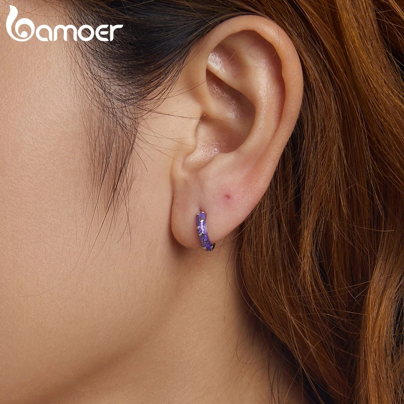 BAMOER 925 Sterling Silver Cute Purple Heart Hoops Earrings, Lightweight White Gold Plated Hoop Earrings for Women SCE1822