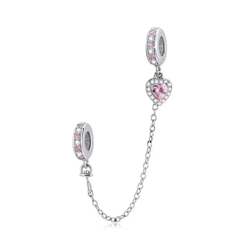 WOSTU Original 925 Sterling Silver Pink Bow Heart SnowFlake Safety Chain Turtle Spacer bead Fit Bracelet Jewelry Making DIY Gift