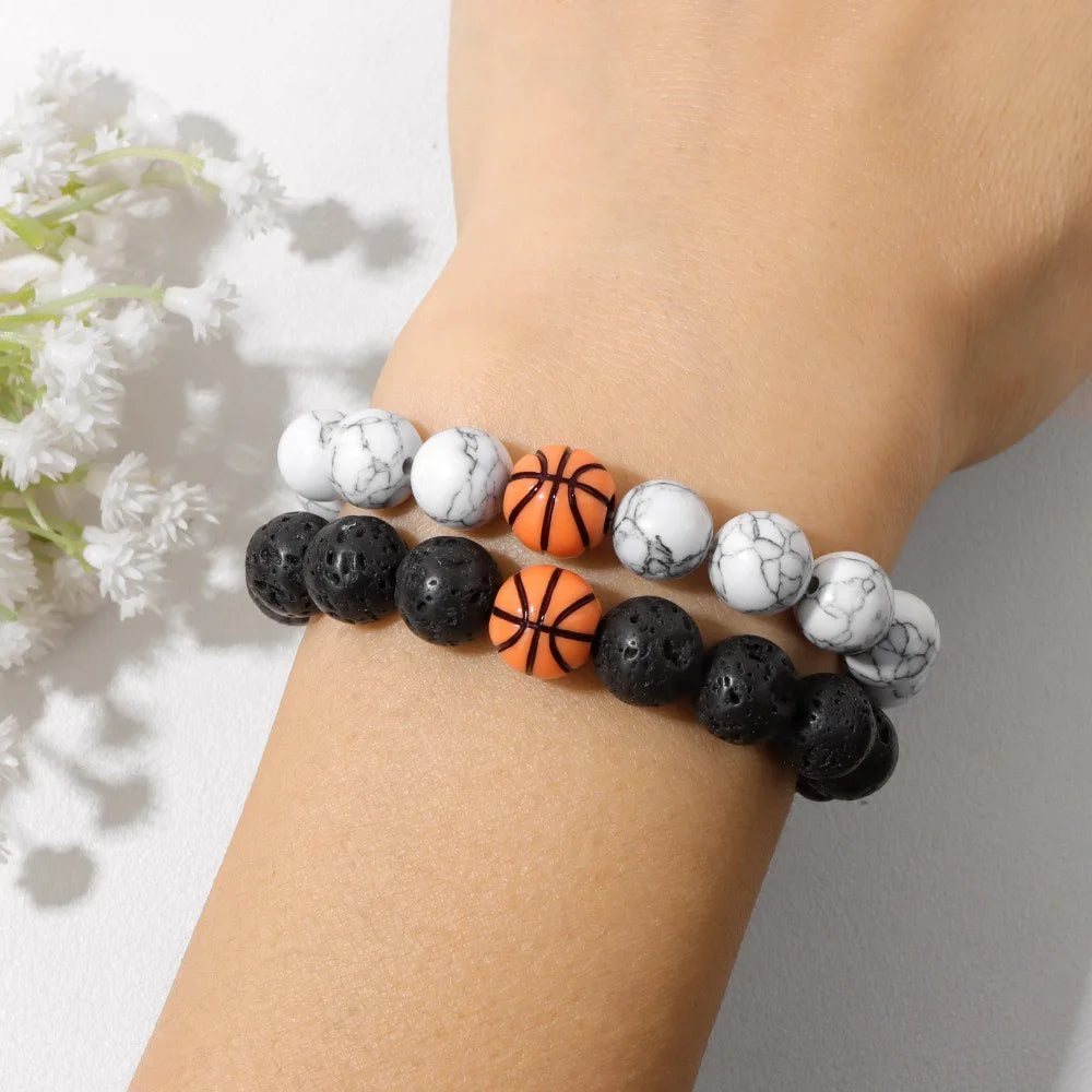 New 2Pcs Men Bracelet Set 10mm White Howlite Lava Stone Strand Braslet Basketball Football Baseball Braclet Handmade Pulseria