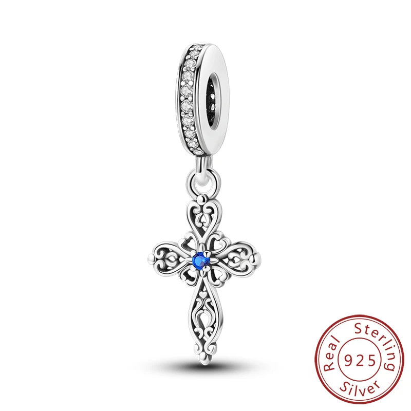 100% 925 Sterling Silver Charms Beads Bible Zircon Cross Jesus Both Hands Pray Fit 925 Original Bracelets Fine DIY Party Jewelry