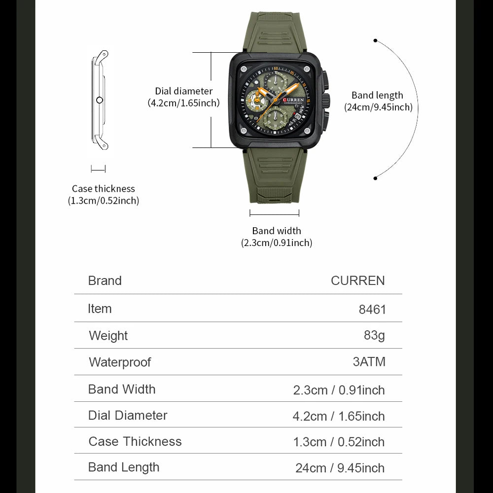 CURREN Men's Watches Brand Sporty Unique Square Dial with Chronograph Male Quartz Wristwatch with Silicone strap Waterproof