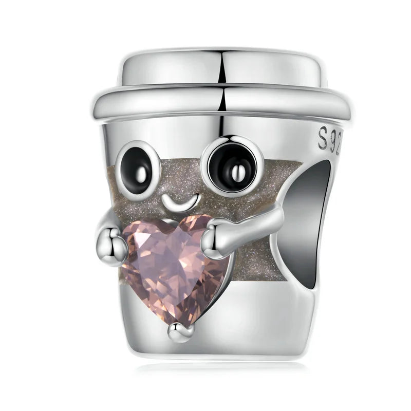 WOSTU S925 Sterling Silver Coffee Cup Bead Lion Bear Charm With Heart Zircon