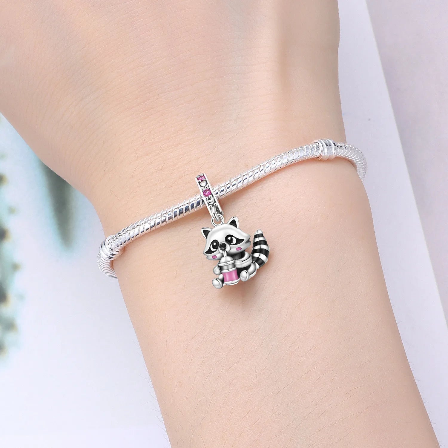 PANPOKI 925 Sterling Silver Cute Raccoon Animal Beads Original Pendants Bracelet Charm Jewelry Party DIY Trendy Gifts