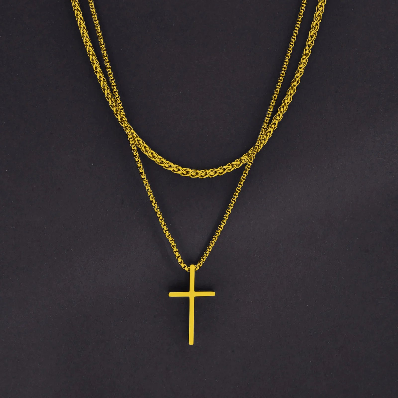 Vnox Mens Cross Necklaces, Stainless Steel Layered Plain Cross Pendant, Rope Box Chain Necklace, Simple Prayer Jesus Collar