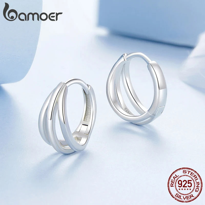 BAMOER 925 Sterling Silber Dreifach-Huggie-Creolen, Weißgold plattiert, klein, schlicht, hypoallergen, Schmuck für den Alltag, BSE1125