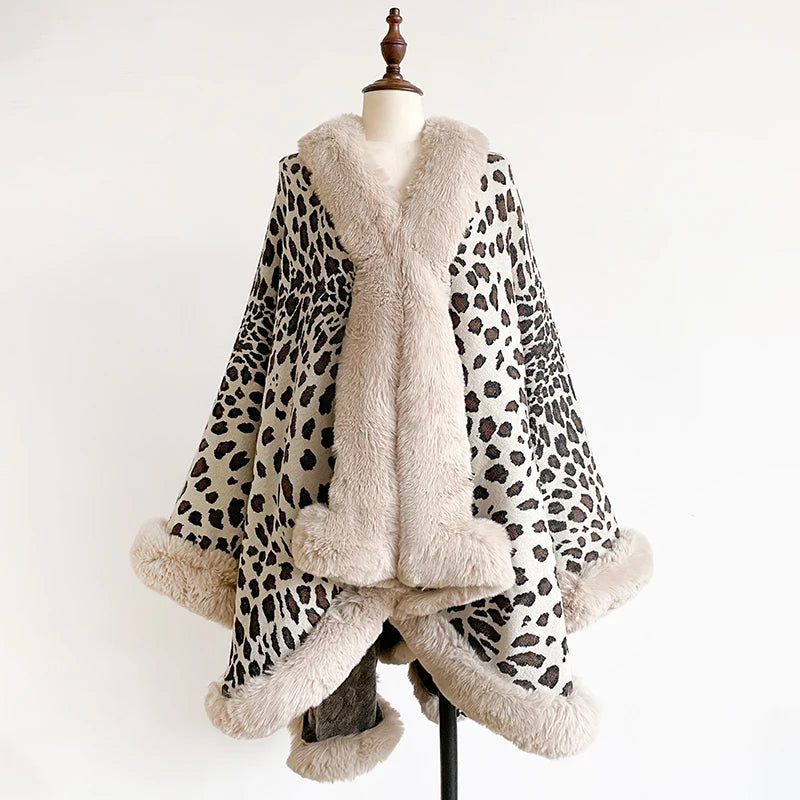 Women's Thick Warm Leopard Print Outerwear - Y2K Streetwear & Elegant Cloak Coat Jacket & Poncho for Autumn Winter