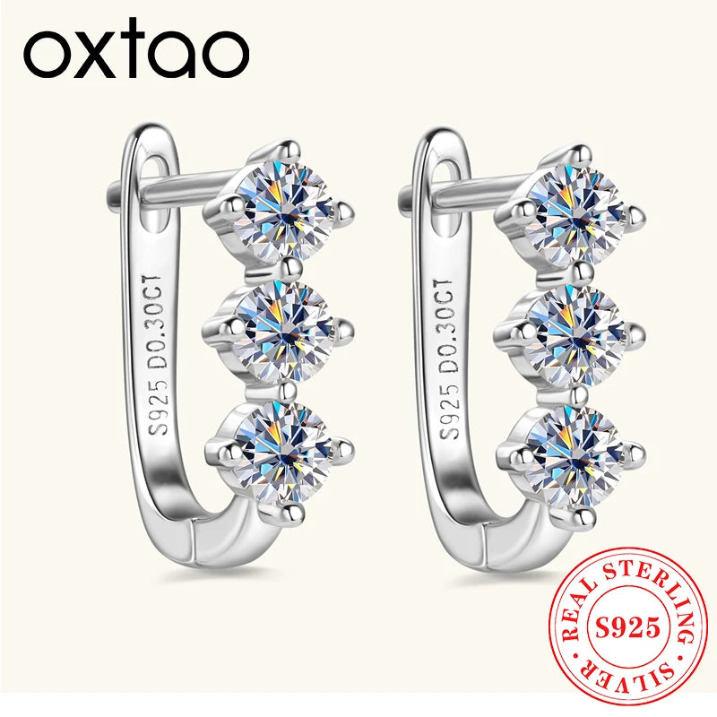 OXTAO Fashion Classic U-shaped earrings S925 Silver 3mm Moissanite Hoop Clip Earring Fine Wedding Jewelry Gift GRA Certified