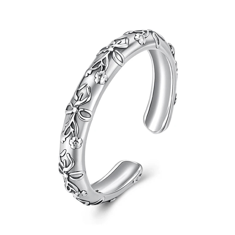 WOSTU 925 Sterling Silver Vintage Flower Patterm Bow Ring Stacking Simple Flower Opening Rings Jewelry Gift For mom Love Family
