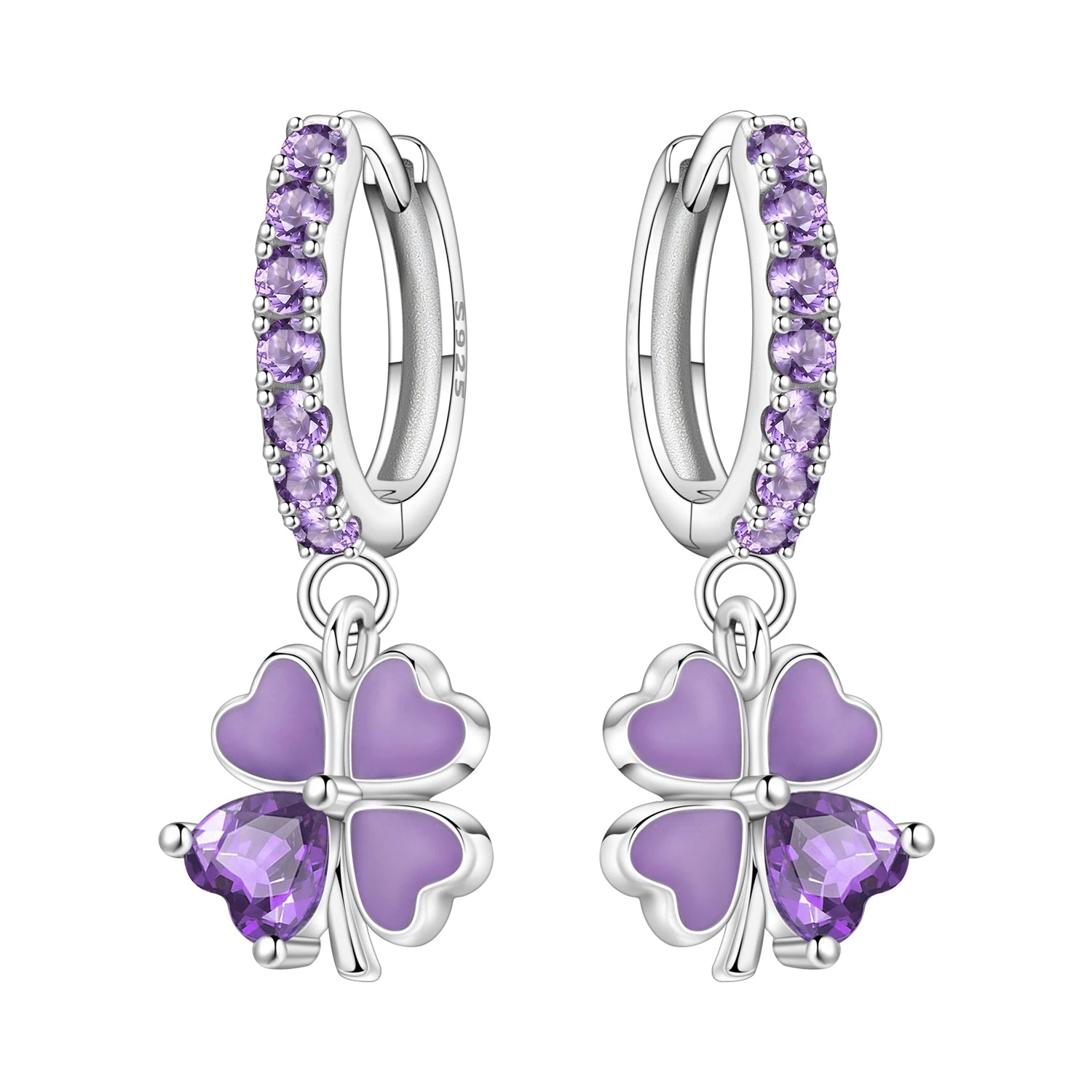 PANPOKI 925 Sterling Silver Purple Zircon Four-leaf Clover Drop Earrings Women Earrings Charm Trend Versatile Jewelry Gifts