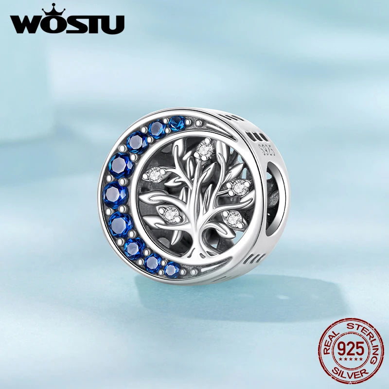 WOSTU 925 Sterling Silver Tree of Life Pendant Charms For Original Bracelet , s925 Blue CZ Moon Tree Beads Family Love Gift