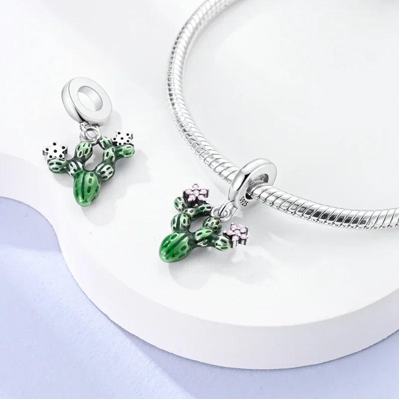 925 Sterling Silver Green Series Tree Cactus Leaves Pendant DIY Charm Beads Fit Original Bangle Charms Bracelet Women Jewelry
