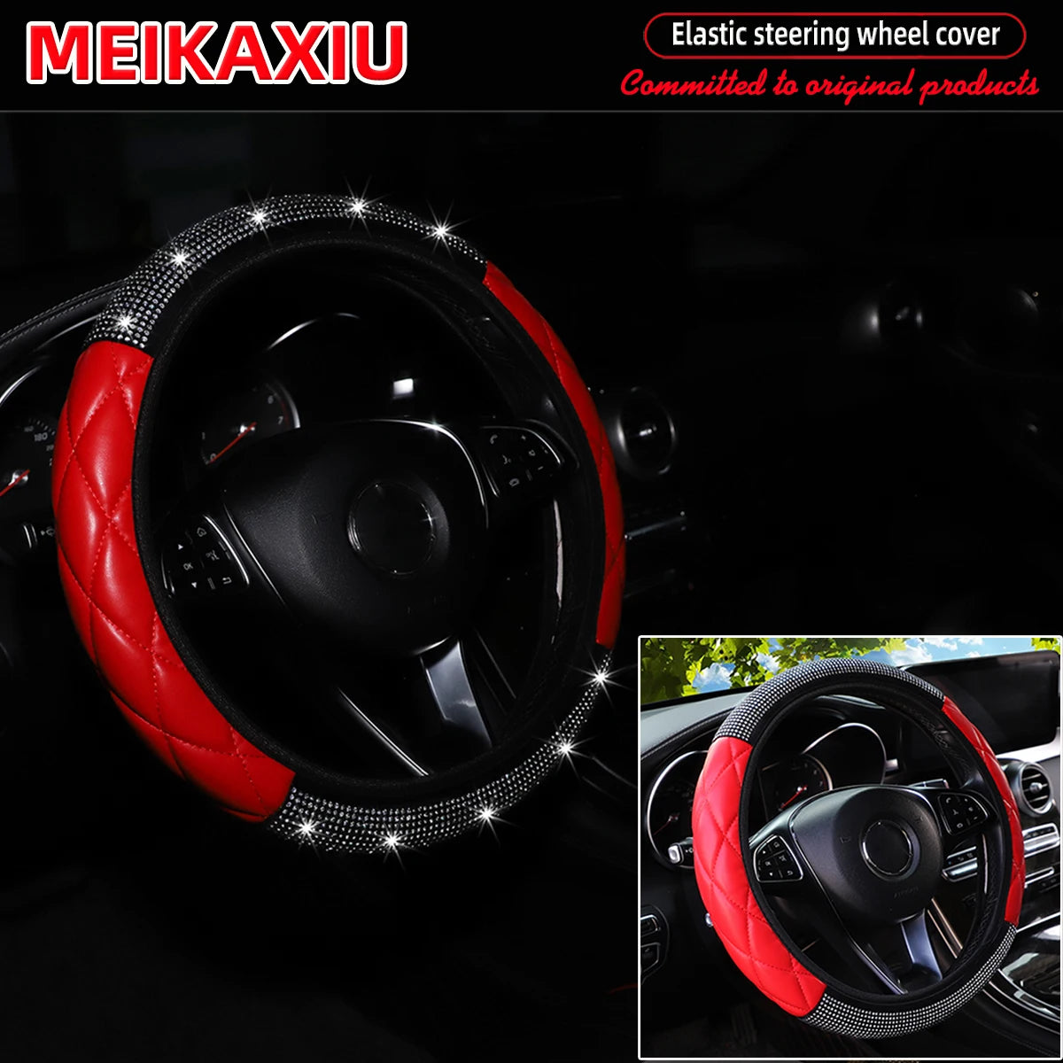 Soft PU leather diamond-encrusted sparkling car steering wheel cover without inner ring, suitable for women of 38cm15inch