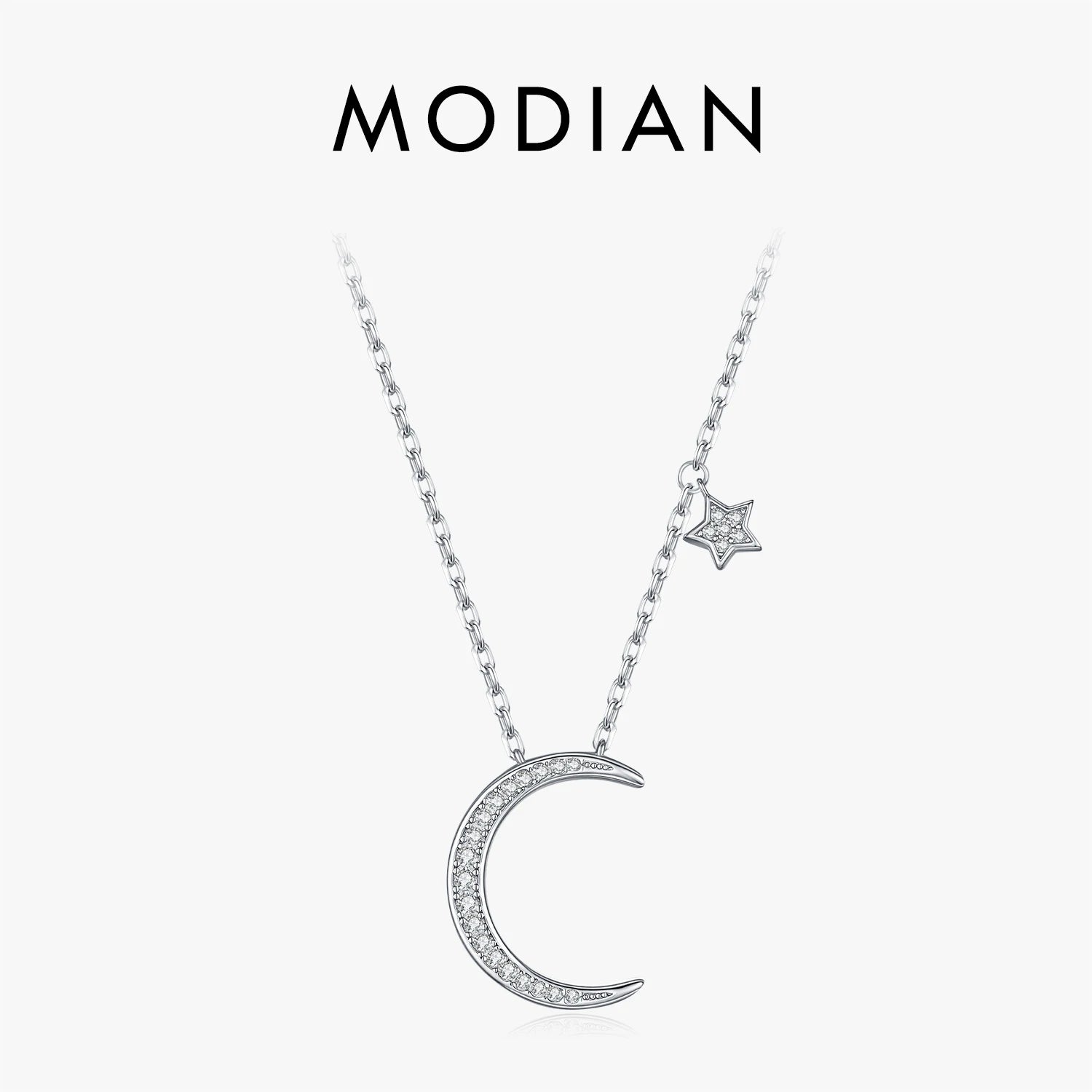 MODIAN 925 Sterling Silver Shinning CZ Link Chain Necklaces Charming Moon Stars Choker Pendant Necklace For Women Fine Jewelry
