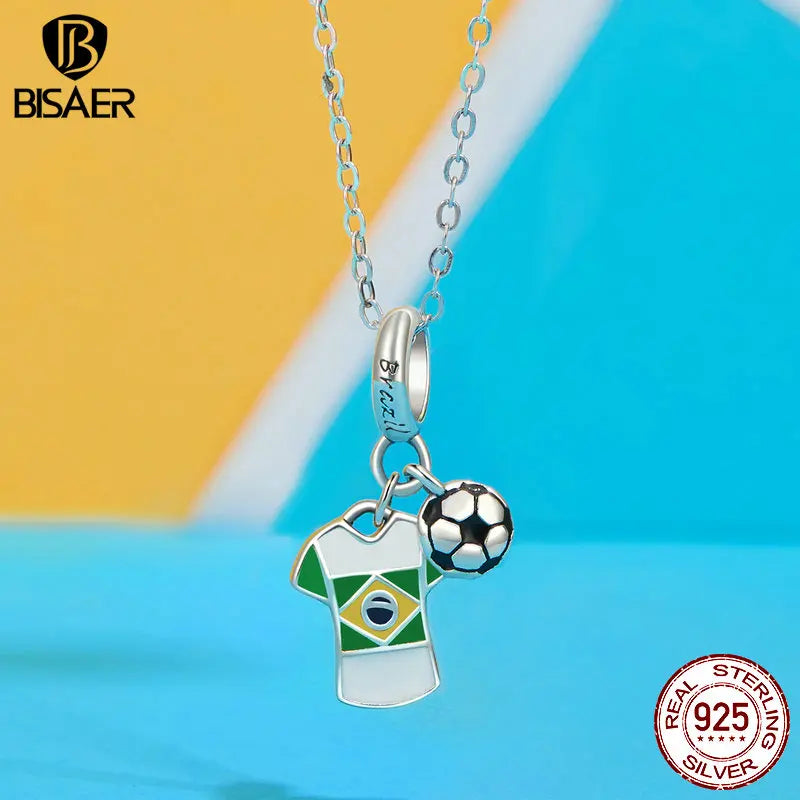 BISAER 925 Sterling Silber Fußballtrikot-Anhänger Emaille Prozess Ball Charm Bead Fit Frau DIY Armband &amp; Halskette Edlen Schmuck