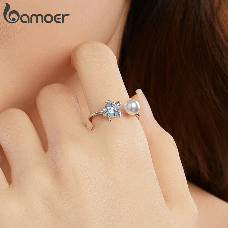BAMOER Solid 925 Sterling Silver Turtle Pearl Ring Stacking Finger Ring, Cute Animals Adjustable Open Rings Birthday Gift