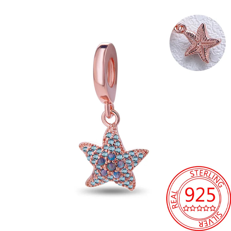 925 Sterling Silver Real Rose Gold Pink Octopus Summer Turtle Heart Dangle Charm Fit Original Bracelet Necklaces Bracelet Girl