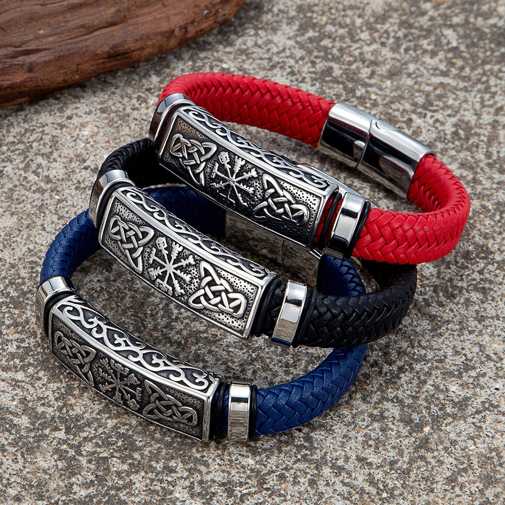 MKENDN Punk Viking Style Stainless Steel Compass Norse Runes Amulet Beads Braided Blue Leather Bracelet Homme Pulseras