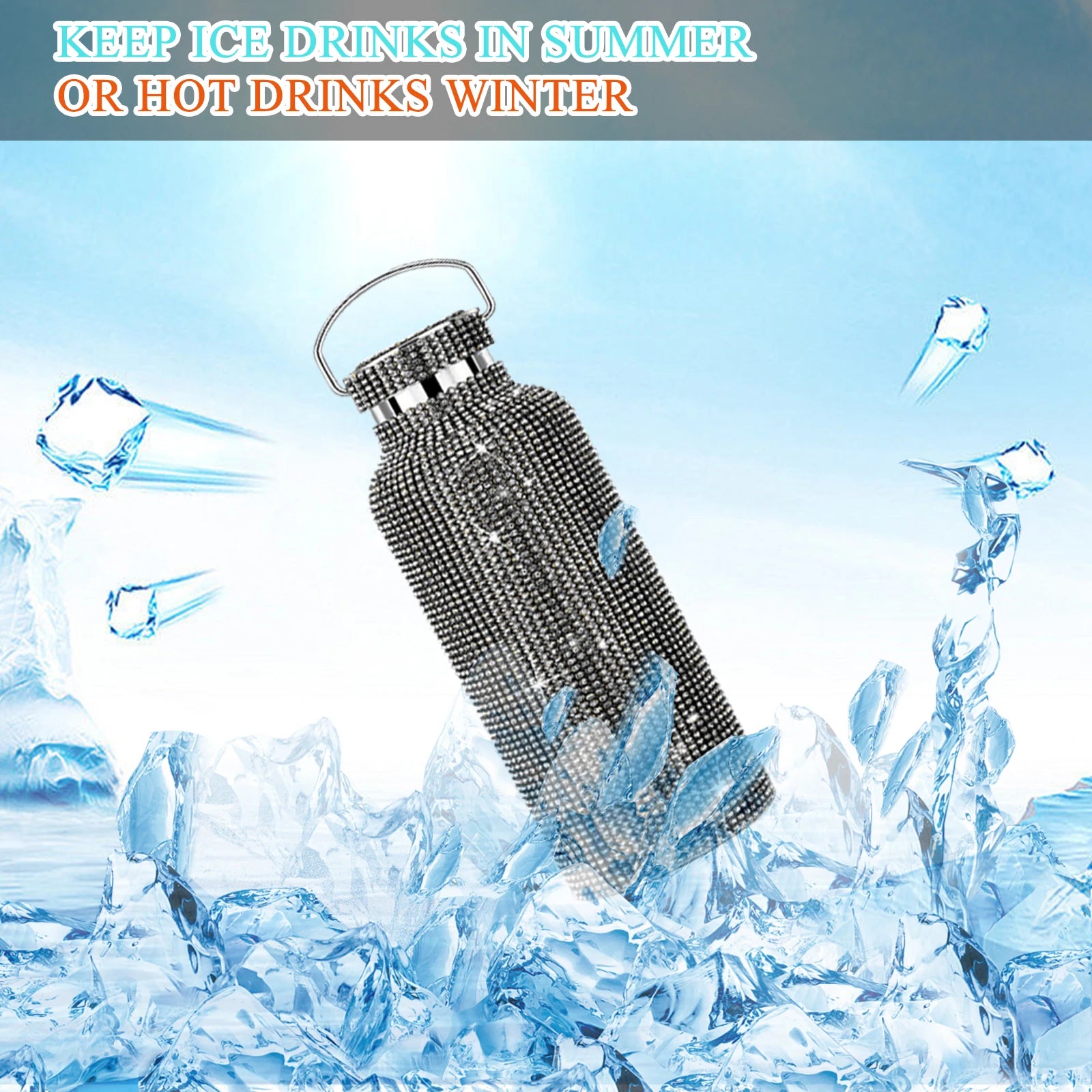 350ml/500ml/750ml Diamond Thermos Bottles Portable Glitter Water Bottle 304 Stainless Steel for Women Outdoor Traveling Products