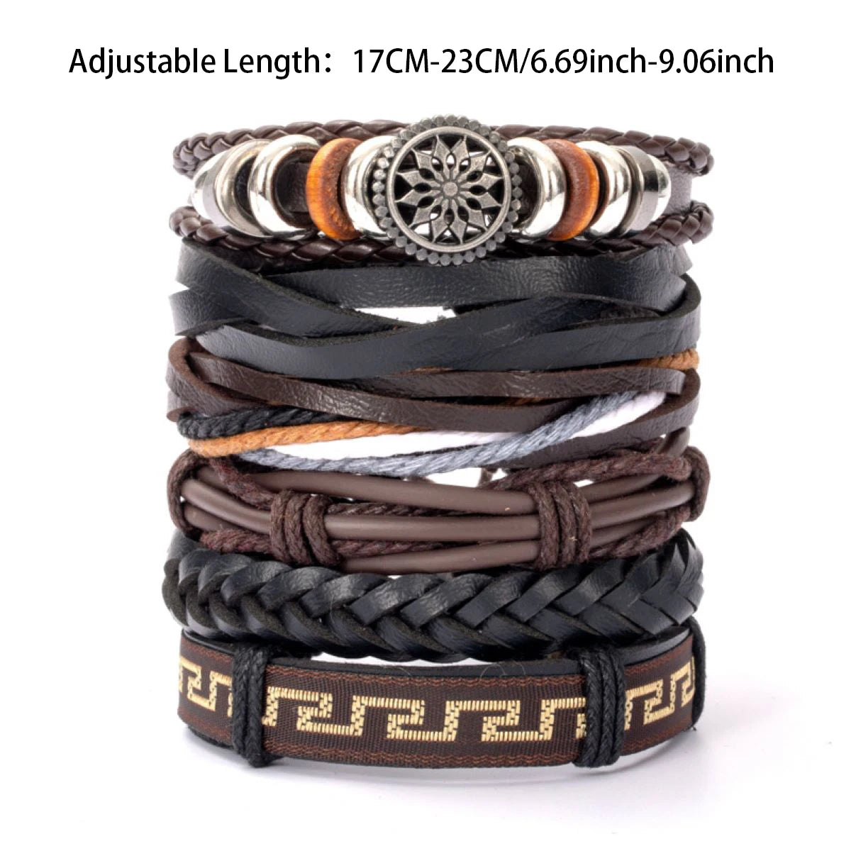 Fashion Black Skull Multi-layer Beaded Hand Leather Bracelet for Men Set Adjustable DIY Leather Winding Hand Rope