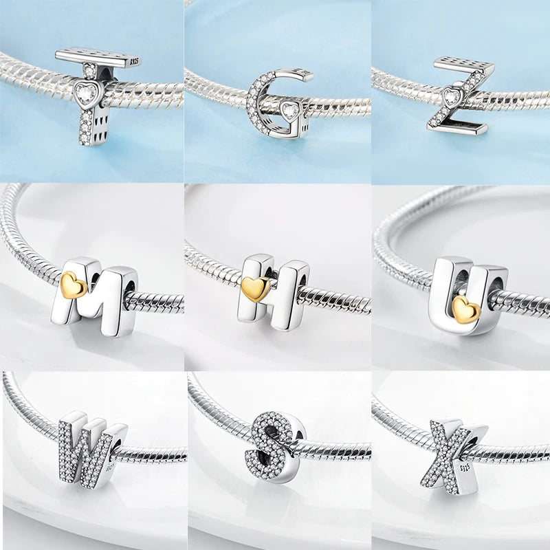 New 925 Sterling Silver Charm Beads 26 Letter Alphabet A-Z Charm Fit Original Charms Bracelet DIY Birthday Jewelry Gift Making