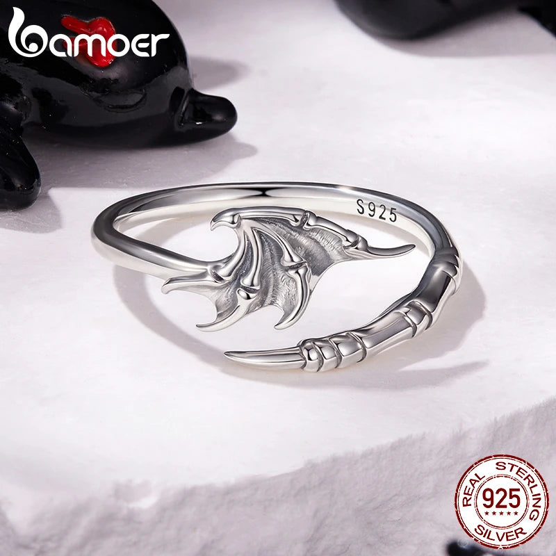 BAMOER 925 Sterling Silver Devil Wings Open Ring Vintage Style Adjustable Finger Ring Original for Women Punk Jewelry Gift