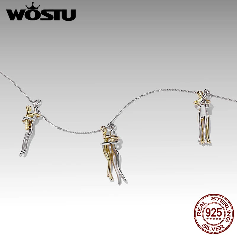 WOSTU 925 Solid Silver Hug Pendant Necklace For Sister Friend, Silver Gold Two-tone Embrace Pendant Friendship Jewelry Gift