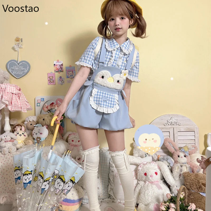 Sweet Lolita Style Shorts Set Women Kawaii Cartoon Embroidery Shirt Overalls Short Pants Suit Japanese Girl Cute Bloomers Shorts