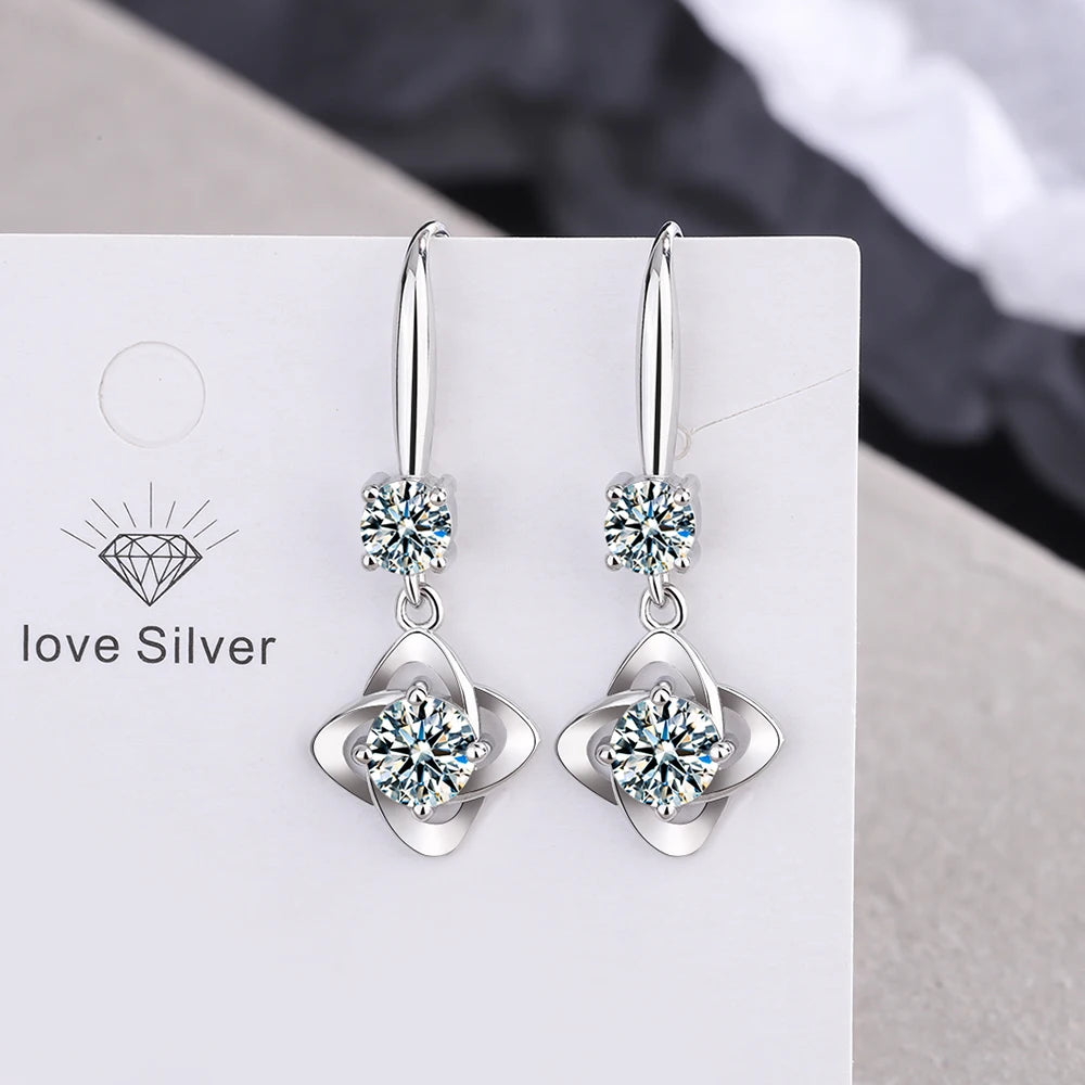 925 Silver Earrings Original Certified 3mm Moissanite Four Leaf Clover Drop Earring For Women Girls Wedding Jewelry Gift